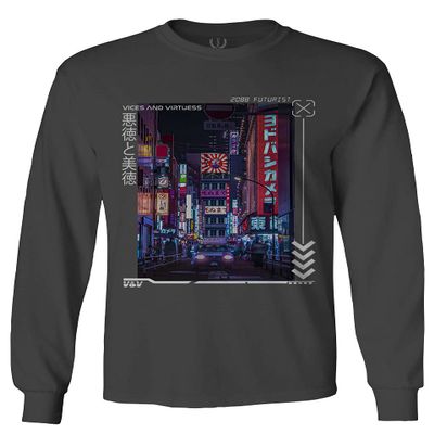 0408. Aesthetic Japanese City Vaporwave Art Cyberpunk Retro Street wear Men's Long Sleeve t Shirt (Characol, Small) Charcoal