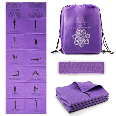 Foldable Yoga Mat for Women, Non Slip Exercise Mat for Home Gym, 5mm Travel Yoga Mats Set With Stretch Strap for Yoga Pilates and Fitness, 68"L x 24"W x 0.2 Inch Thick