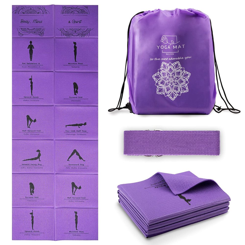 Foldable Yoga Mat for Women, Non Slip Exercise Mat for Home Gym, 5mm Travel Yoga Mats Set With Stretch Strap for Yoga Pilates and Fitness, 68"L x 24"W x 0.2 Inch Thick