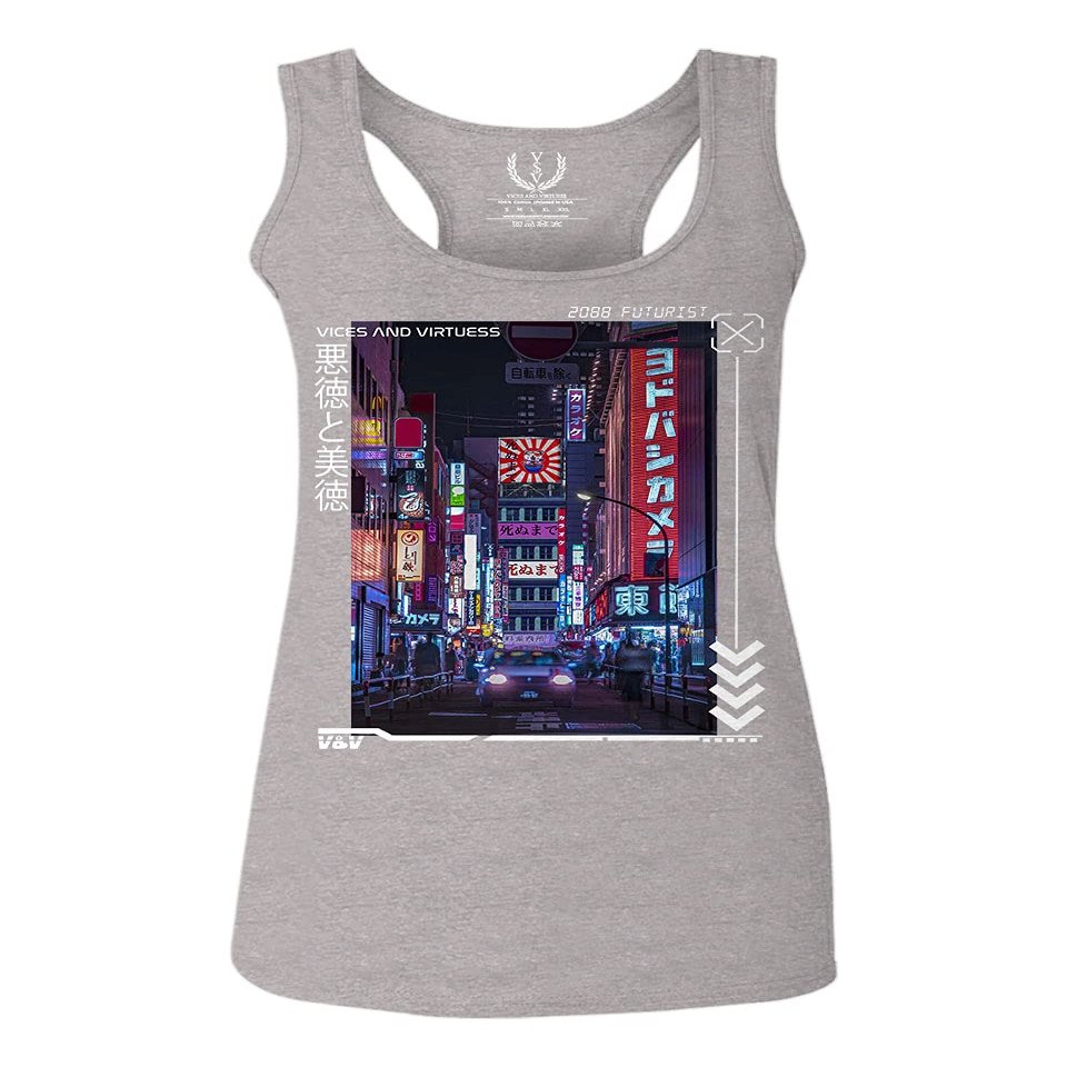 0408. Aesthetic Japanese City Vaporwave Art Cyberpunk Retro Street wear Women's Tank Top Racerback (Light Gray Small)