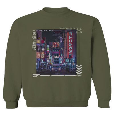 0408. Aesthetic Japanese City Vaporwave Art Cyberpunk Retro Street wear Men's Crewneck Sweatshirt (Olive Large)