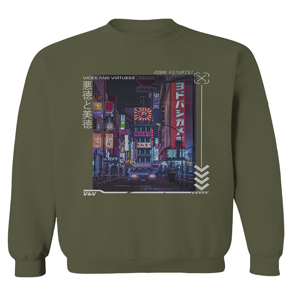 0408. Aesthetic Japanese City Vaporwave Art Cyberpunk Retro Street wear Men's Crewneck Sweatshirt (Olive Large)
