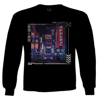 0408. Aesthetic Japanese City Vaporwave Art Cyberpunk Retro Street wear Men's Long Sleeve t Shirt (Black, Small)