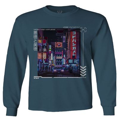 0408. Aesthetic Japanese City Vaporwave Art Cyberpunk Retro Street wear Men's Long Sleeve t Shirt (Indigo Blue Large)