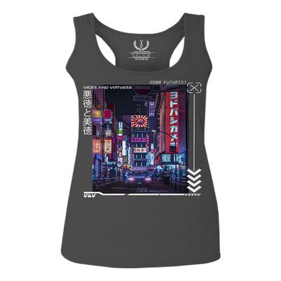 0408. Aesthetic Japanese City Vaporwave Art Cyberpunk Retro Street wear Women's Tank Top Racerback (Characol Small) Charcoal