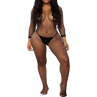 Buitifo Womens Fishnet Bodystocking Plus Size Crotchless Bodysuit Sexy Tights Soft Nightwear Lingerie (Black TQW,M)