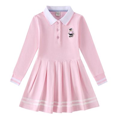AOOF Girls' Uniform Cotton Long-Sleeved A-line Dress Children's School Polo Lapel Dark Blue School Uniform 3-12 Years Old 140 Pink, 8 Years
