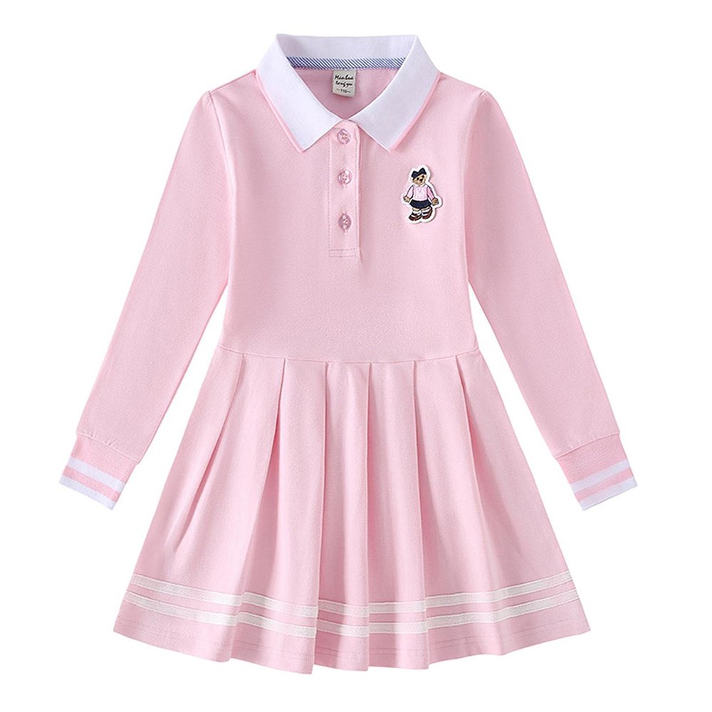 AOOF Girls' Uniform Cotton Long-Sleeved A-line Dress Children's School Polo Lapel Dark Blue School Uniform 3-12 Years Old 140 Pink, 8 Years