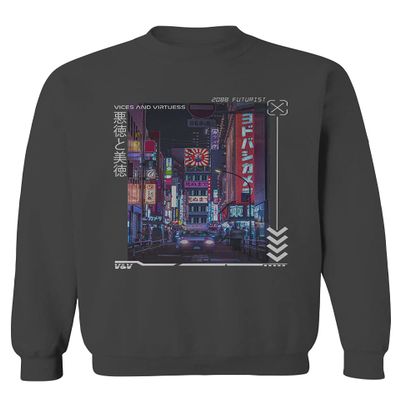 0408. Aesthetic Japanese City Vaporwave Art Cyberpunk Retro Street wear Men's Crewneck Sweatshirt (Characol Small) Charcoal