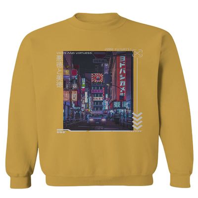 0408. Aesthetic Japanese City Vaporwave Art Cyberpunk Retro Street wear Men's Crewneck Sweatshirt (Gold Small)