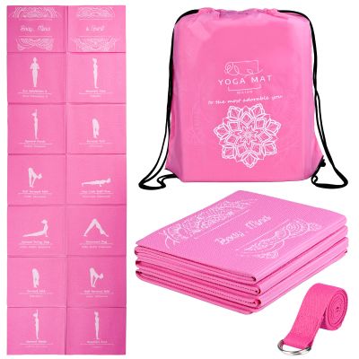 Foldable Yoga Mat for Women, Non Slip Exercise Mat for Home Gym, 5mm Travel Yoga Mats Set With Stretch Strap for Yoga Pilates and Fitness, 68"L x 24"W x 0.2 Inch Thick