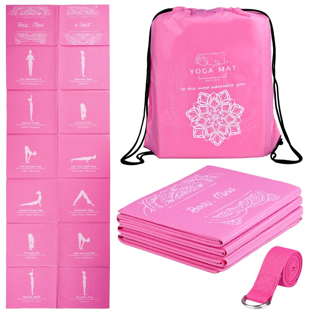 Foldable Yoga Mat for Women, Non Slip Exercise Mat for Home Gym, 5mm Travel Yoga Mats Set With Stretch Strap for Yoga Pilates and Fitness, 68"L x 24"W x 0.2 Inch Thick