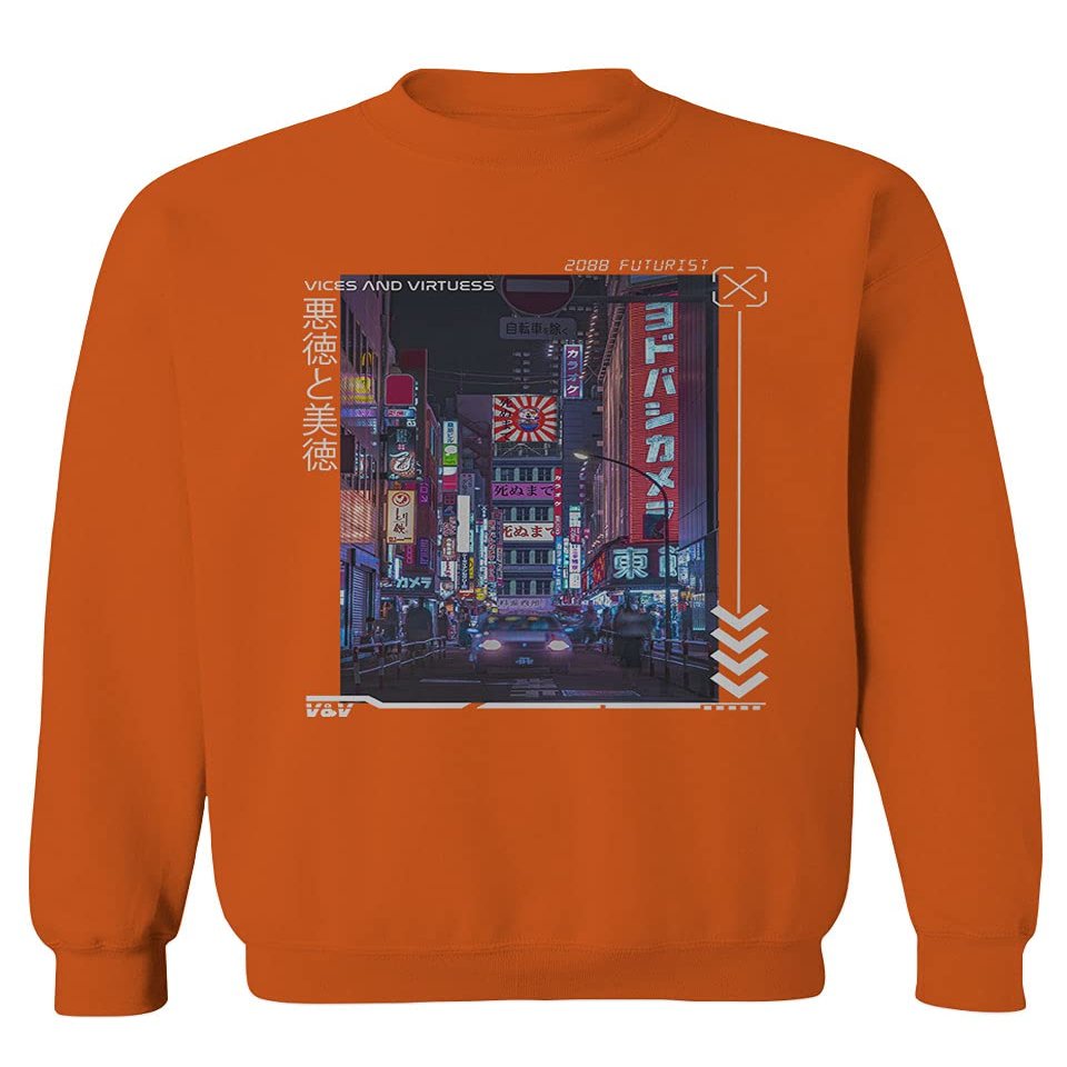 0408. Aesthetic Japanese City Vaporwave Art Cyberpunk Retro Street wear Men's Crewneck Sweatshirt (Orange Large)