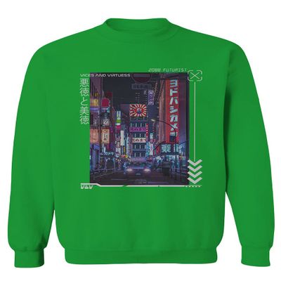 0408. Aesthetic Japanese City Vaporwave Art Cyberpunk Retro Street wear Men's Crewneck Sweatshirt (Irish Green Medium)