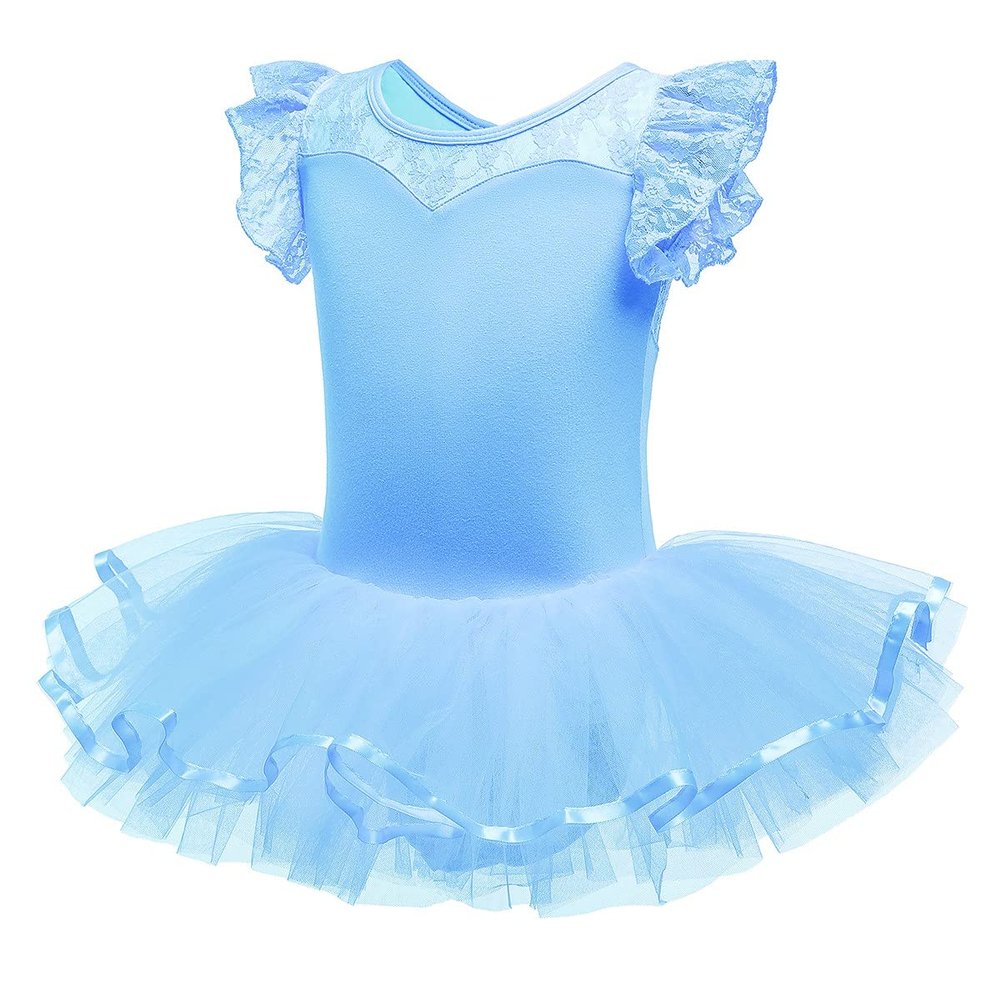 HIHCBF Kids Girls Flutter Sleeve Lace Ballet Skirted Leotard Dance Tutu Dresses Ballerina Costume Gymnastics Dancewear Blue 6-7T