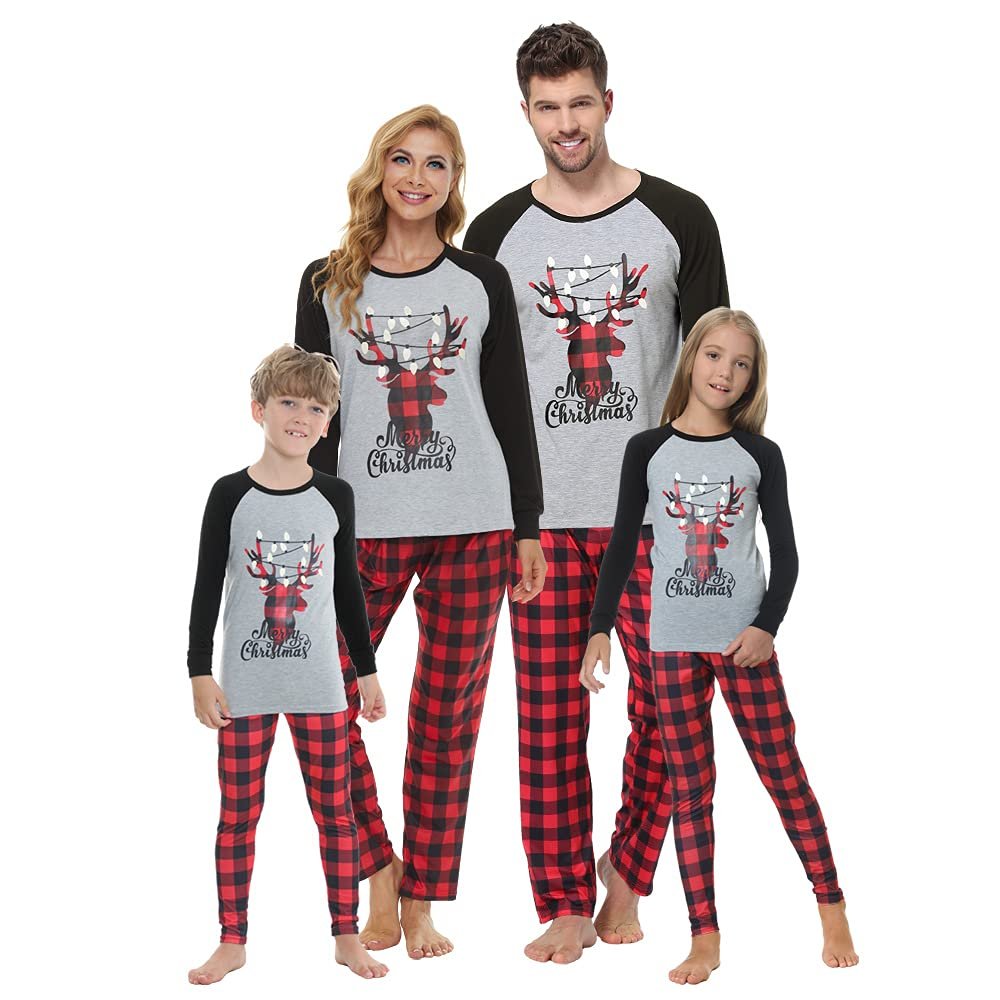 VENTELAN Christmas Pajamas for Family Holiday PJS Set with Deer Long Sleeve Tee and Red Plaid Pants,Women,S