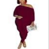 Chatinction Women's Solid Color 2 Piece Outfits Oversized 3/4 Sleeve One Shoulder Top Skinny Pants Clubwear Sweatsuits Wine Red S view 1