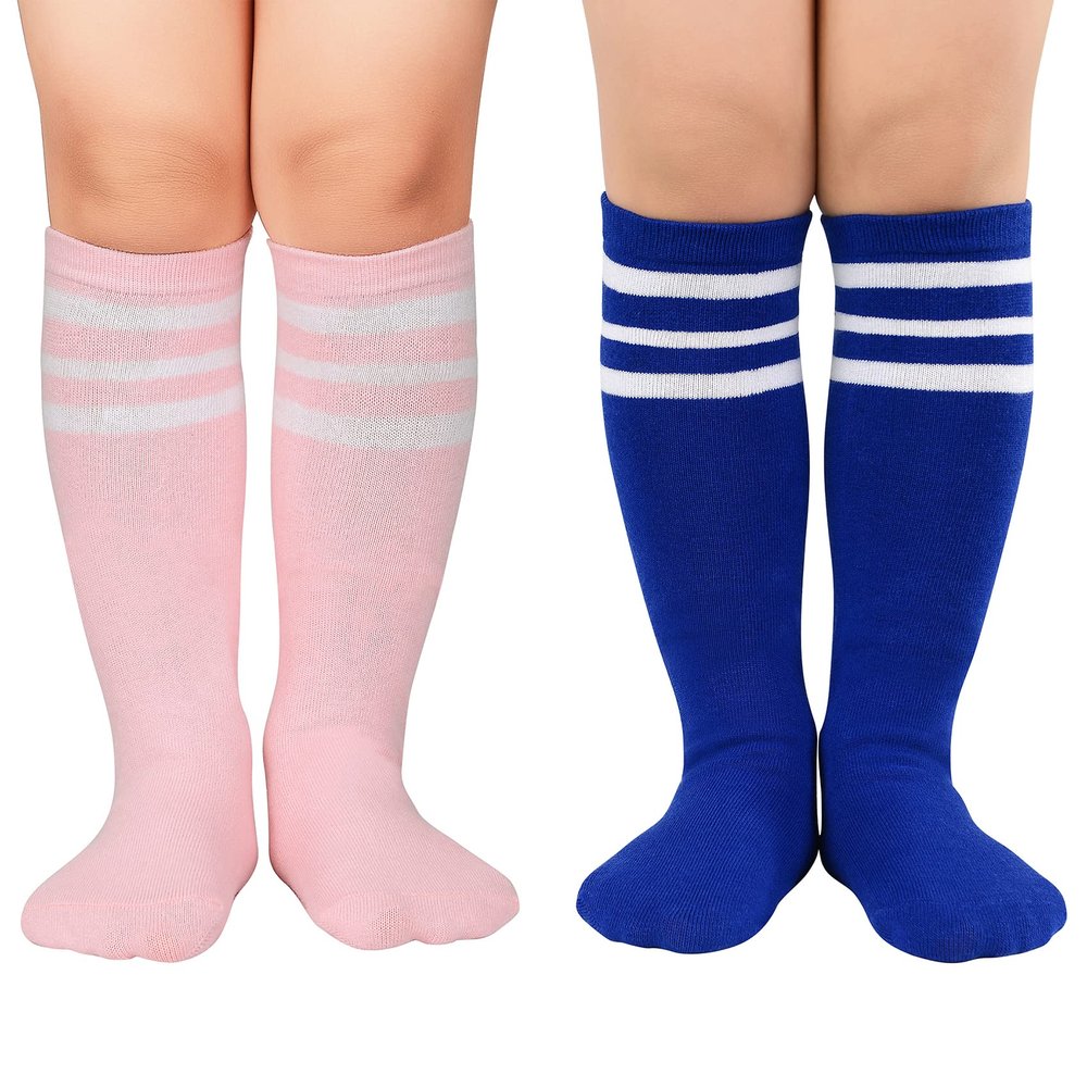 Durio Kids Soft Toddler Girls & Boys Soccer Socks - Cozy Cotton Knee High Socks Blue/Pink with White Stripes