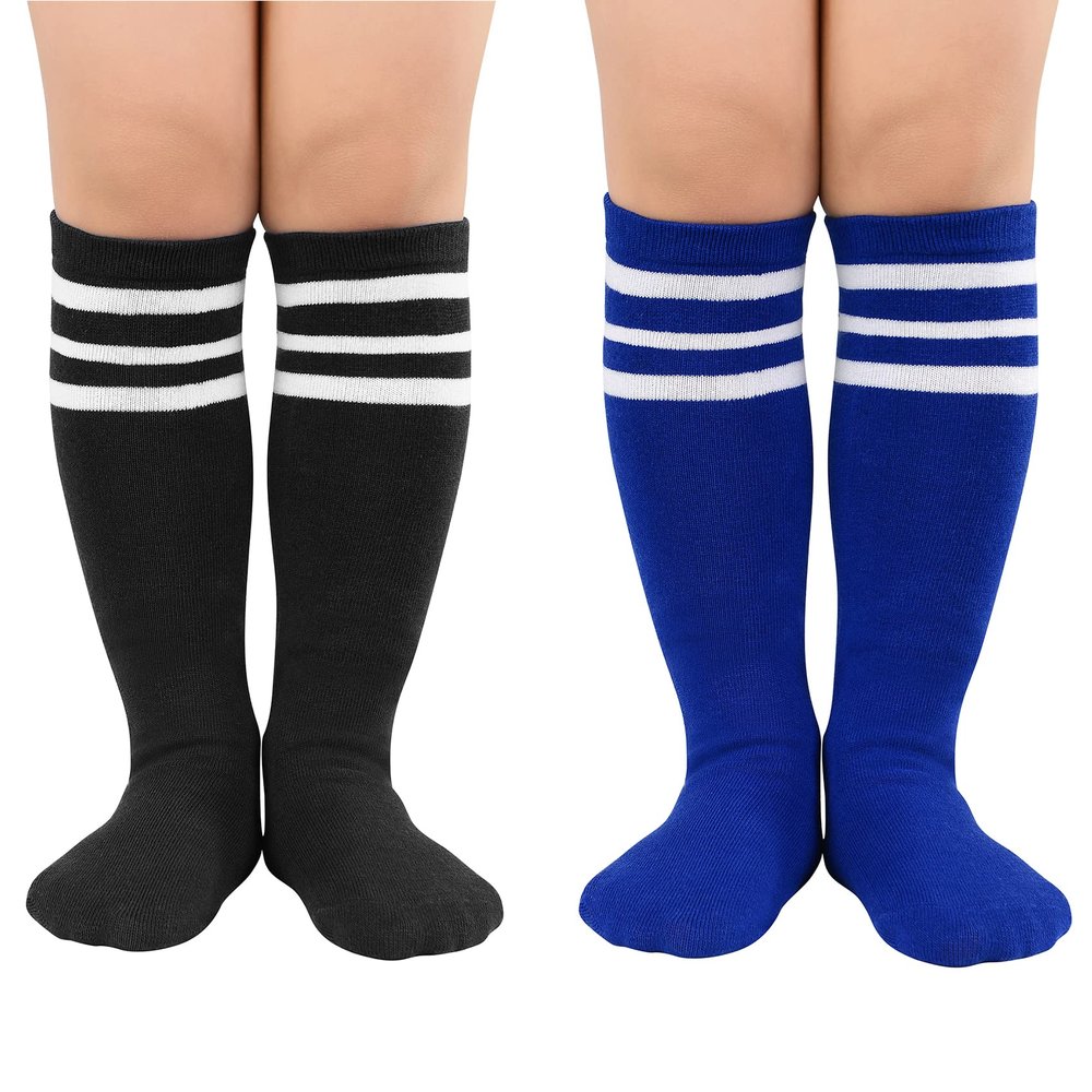 Durio Kids Soft Toddler Girls & Boys Soccer Socks - Cute Blue/Black with White Stripes Knee High Cotton Socks