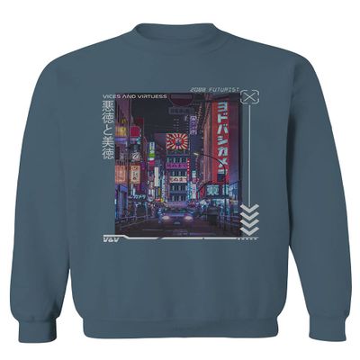 0408. Aesthetic Japanese City Vaporwave Art Cyberpunk Retro Street wear Men's Crewneck Sweatshirt (Indigo Blue Small)