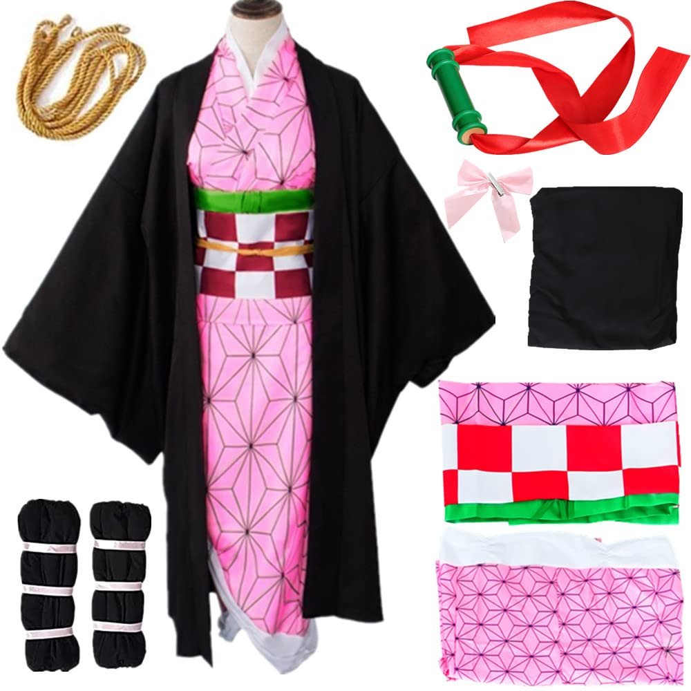 Anime Kids Women's Kamado Cosplay Costume Suit Full Set Kimono for Halloween Adult(Pink-GM-L