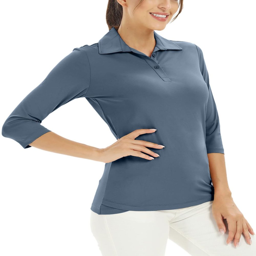 MOHEEN Women's Polo Shirt Quick Dry Performance Moisture Wicking 3/4 Sleeve Golf Polo Shirts for Women Athletic Casual Work (12222 Navy 2XL)