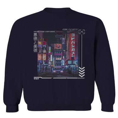 0408. Aesthetic Japanese City Vaporwave Art Cyberpunk Retro Street wear Men's Crewneck Sweatshirt (Navy Medium)