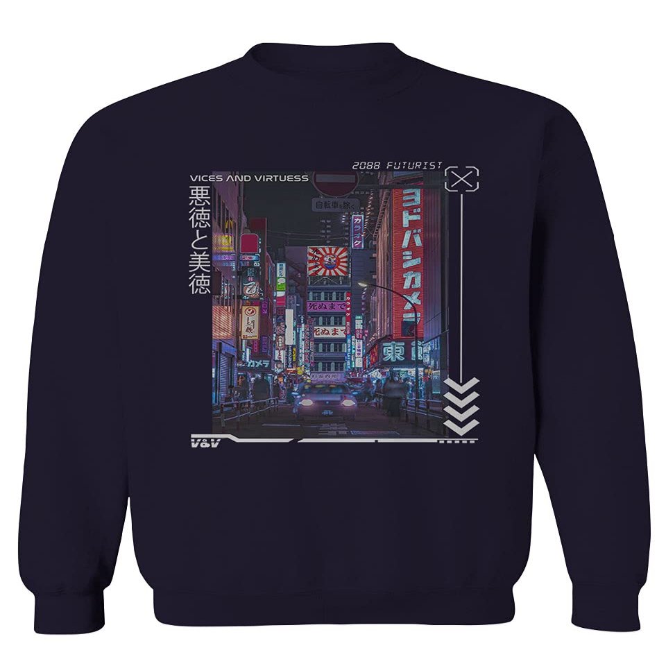 0408. Aesthetic Japanese City Vaporwave Art Cyberpunk Retro Street wear Men's Crewneck Sweatshirt (Navy Medium)