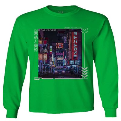 0408. Aesthetic Japanese City Vaporwave Art Cyberpunk Retro Street wear Men's Long Sleeve t Shirt (Irish Green Small)