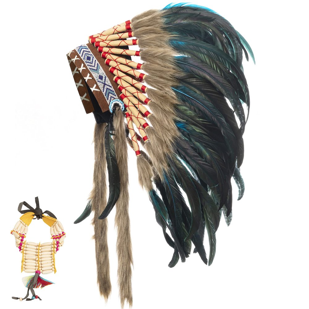 Ballinger Medium Native American Headdress Medium Feather Headdress and Choker for Men and Women, Halloween, Carnival, Decor, Role Play, and Costume Parties