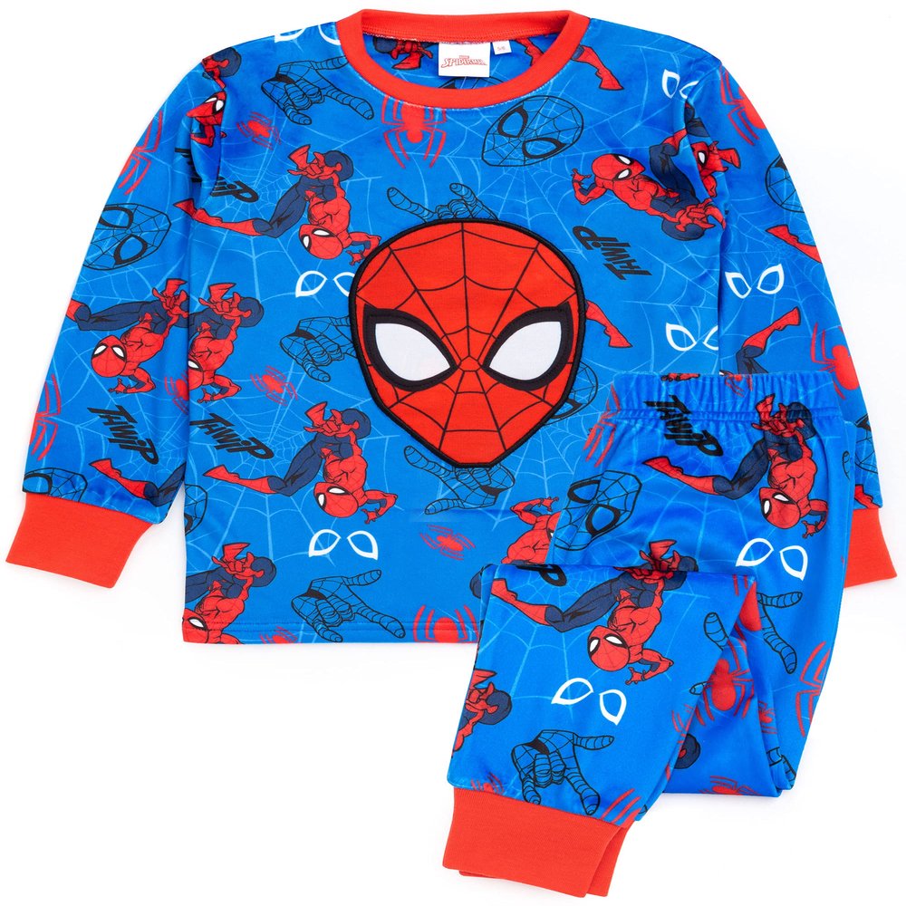 Marvel Spider-Man Pyjamas Boys Super Velour Velour Fleece | Kids Superhero Blue Red Character All Over Print