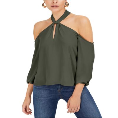bar III Womens Green Cold Shoulder Keyhole Top Size L