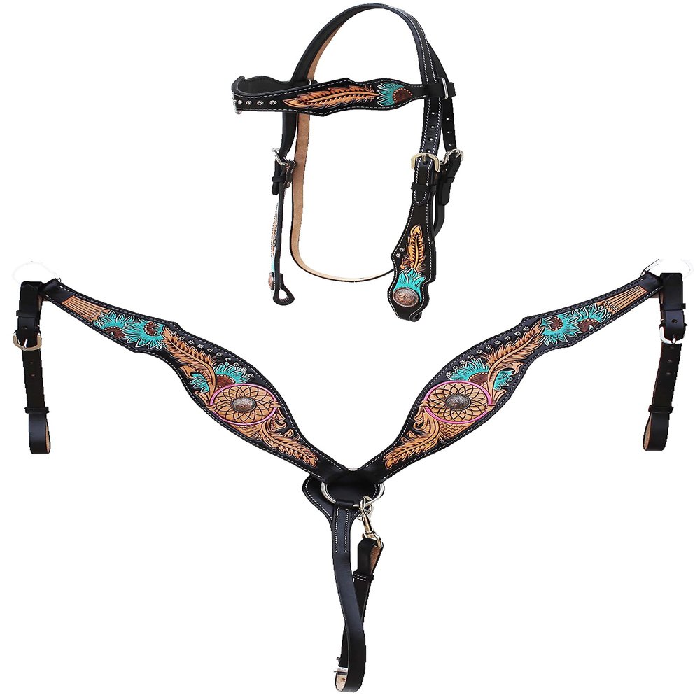 CHALLENGER Horse Western Dreamcatcher Sunflower Tooled Headstall Bridle & Breast Collar Set 78FK14B