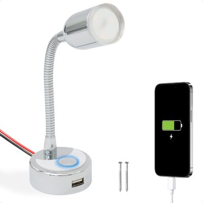 Five Oceans LED Reading Light with USB Charging Port, 12V Warm White, Touch On-Off Switch, Flexible Gooseneck Style RV Interior Lighting for RV, Boat, Camper - FO4599