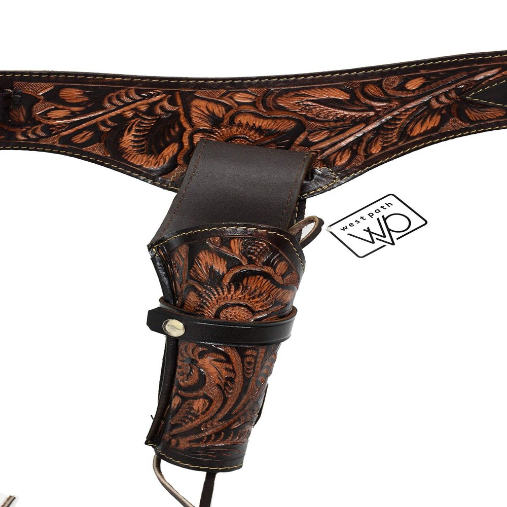 38/357 Caliber Western Leather Gun Holster & Belt - Cowboy Style Single Drop Rig Standard Barrel - Authentic Handmade Hand Tooled (Brown, 54)