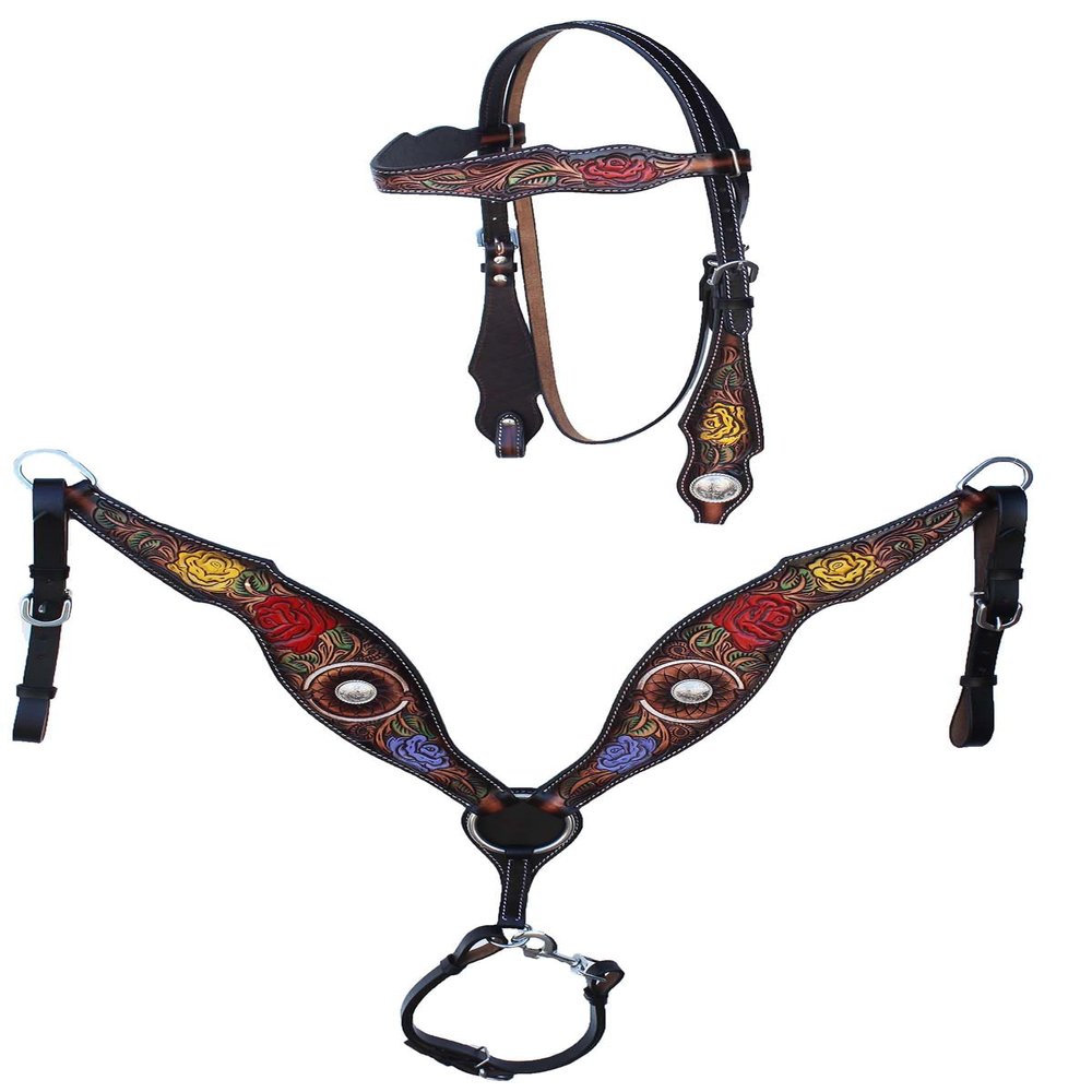 CHALLENGER Horse Western Tooled Leather Rose Headstall Bridle Breast Collar Tack 78FK11B