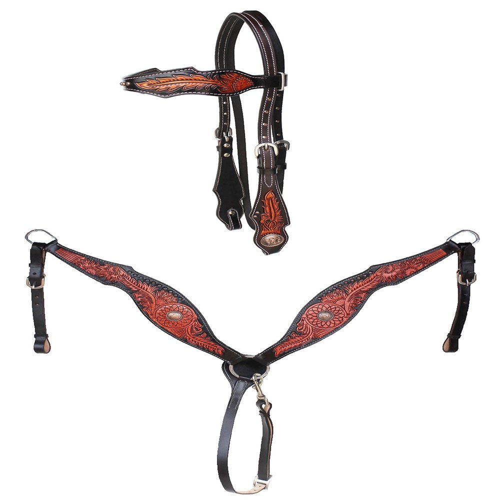 CHALLENGER Horse Western Dreamcatcher Sunflower Tooled Headstall Bridle & Breast Collar Set 78FK12B