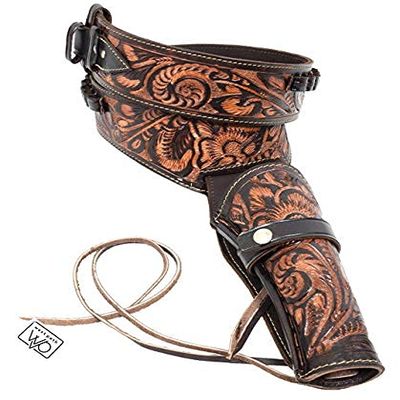 38/357 Caliber Western Leather Gun Holster & Belt - Cowboy Style Single Drop Rig Standard Barrel - Authentic Handmade Hand Tooled (Brown, 56)