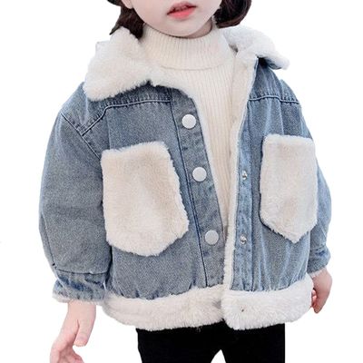 EISHOW Toddler Baby Girls Denim Jacket Faux Fur Collar Hooded Jean Coat Warm Thicken Fleece Lined Plush Jean Outwear Snowsuit (01 Blue,6-9M,6 Months,9 Months)