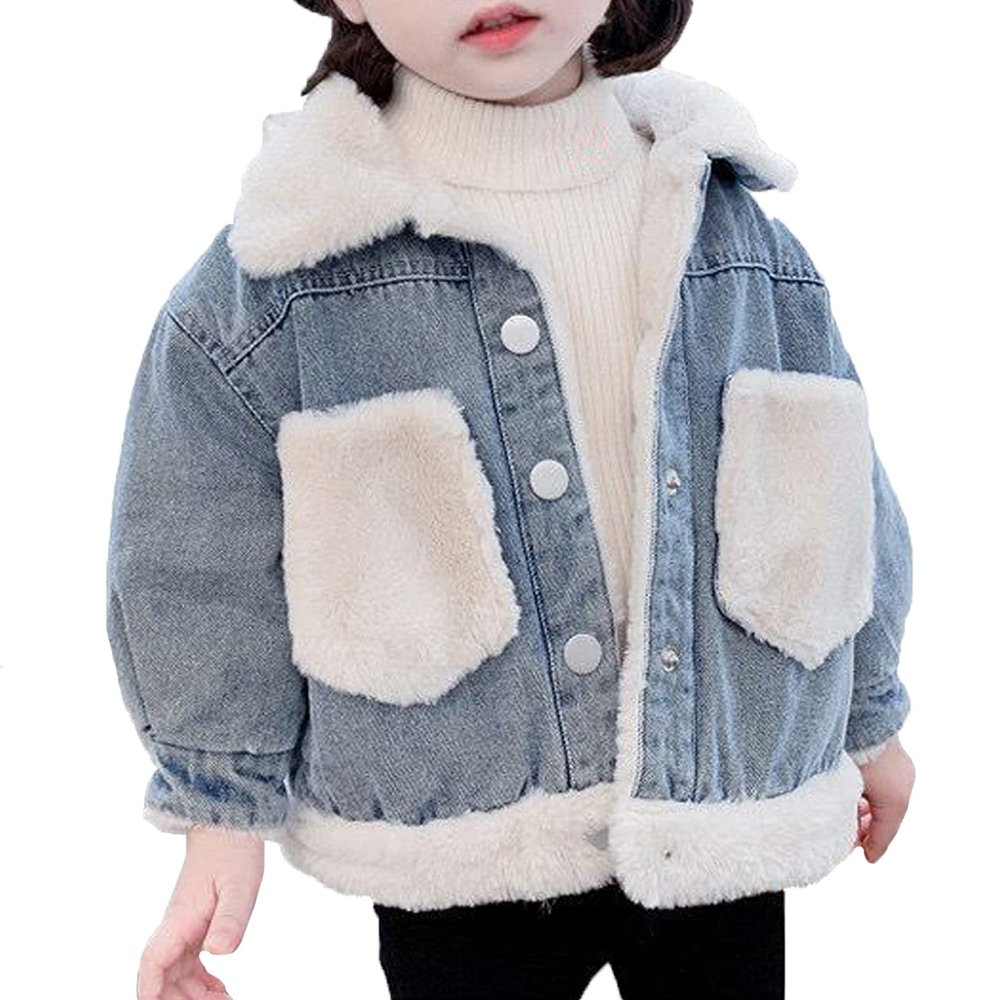 EISHOW Toddler Baby Girls Denim Jacket Faux Fur Collar Hooded Jean Coat Warm Thicken Fleece Lined Plush Jean Outwear Snowsuit (01 Blue,6-9M,6 Months,9 Months)