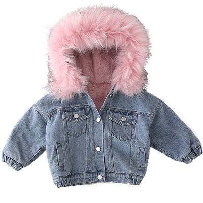 EISHOW Toddler Baby Girls Denim Jacket Faux Fur Collar Hooded Jean Coat Warm Thicken Fleece Lined Plush Jean Outwear Snowsuit (Pink-short denim,3-4T,3 Years,4 Years)
