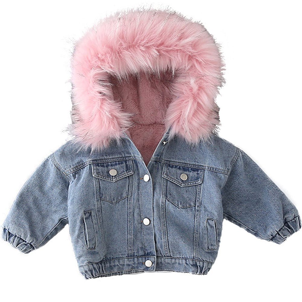 EISHOW Toddler Baby Girls Denim Jacket Faux Fur Collar Hooded Jean Coat Warm Thicken Fleece Lined Plush Jean Outwear Snowsuit (Pink-short denim,3-4T,3 Years,4 Years)