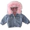 EISHOW Toddler Baby Girls Denim Jacket Faux Fur Collar Hooded Jean Coat Warm Thicken Fleece Lined Plush Jean Outwear Snowsuit (Pink-short denim,3-4T,3 Years,4 Years) view 1