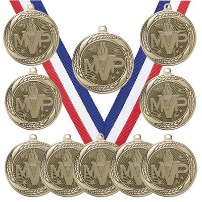 10 Pack of MVP Gold Medals Trophy Award with Neck Ribbons MS2