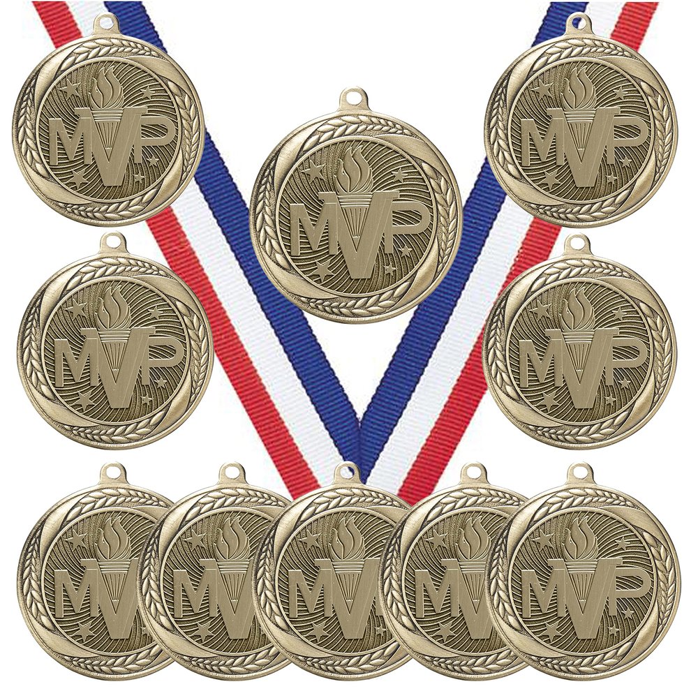 10 Pack of MVP Gold Medals Trophy Award with Neck Ribbons MS2