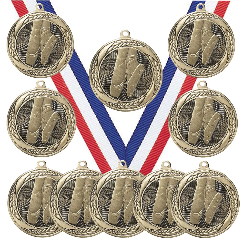 10 Pack of Ballet Gold Medals Trophy Award with Neck Ribbons MS2