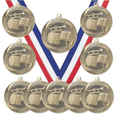 10 Pack of Band Music Gold Medals Trophy Award with Neck Ribbons MS2