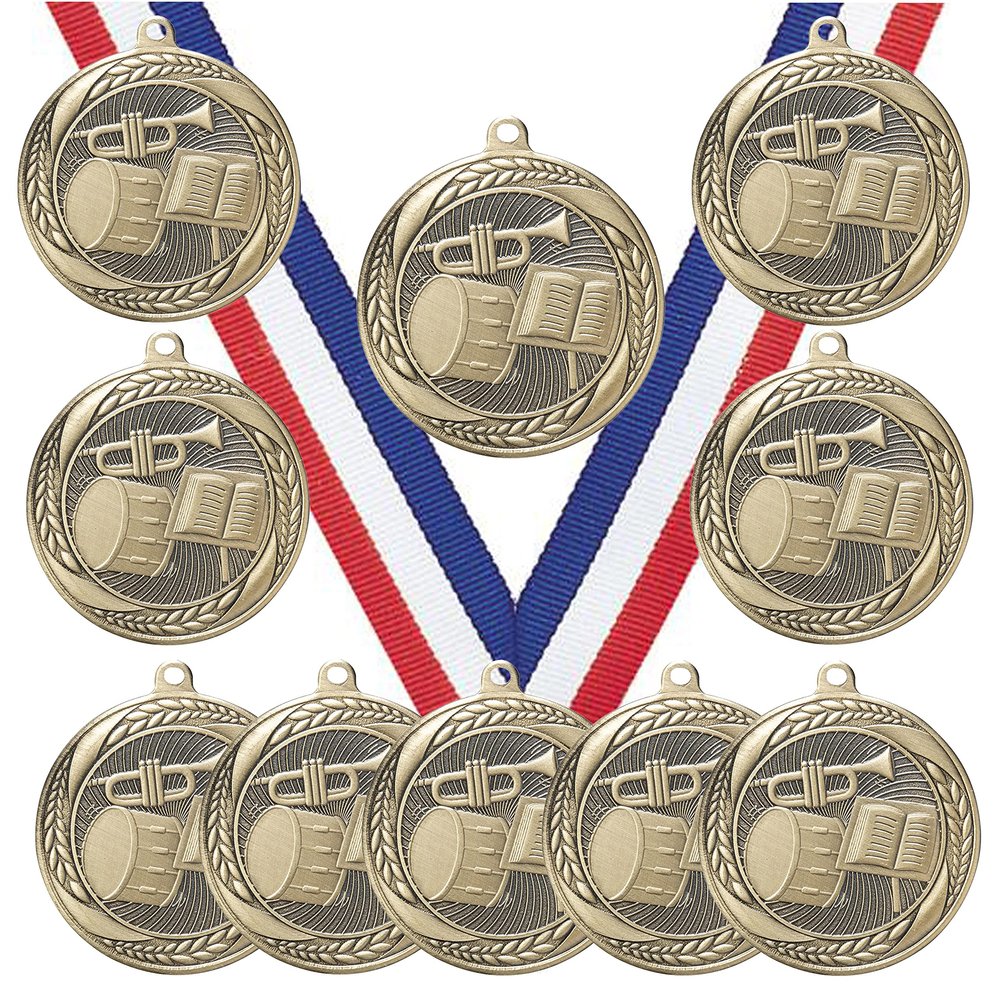 10 Pack of Band Music Gold Medals Trophy Award with Neck Ribbons MS2