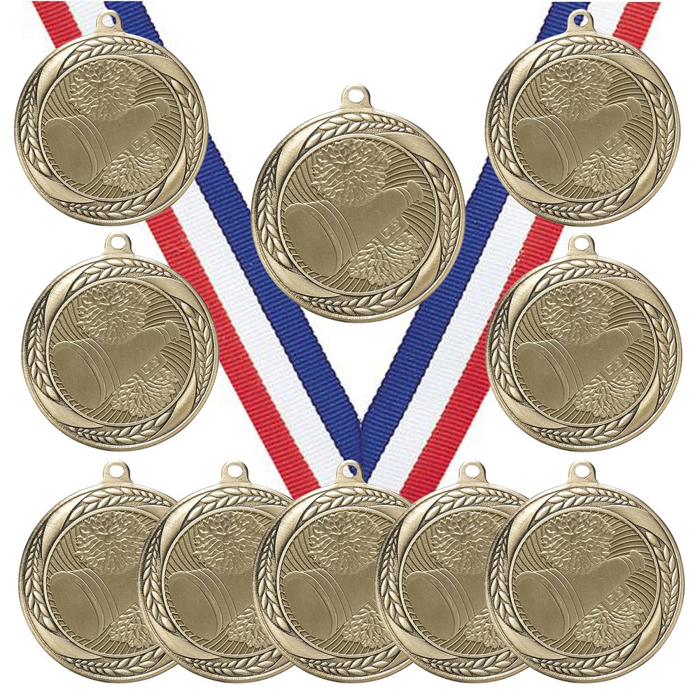 10 Pack of Cheerleading Cheerleader Gold Medals Trophy Award with Neck Ribbons MS2