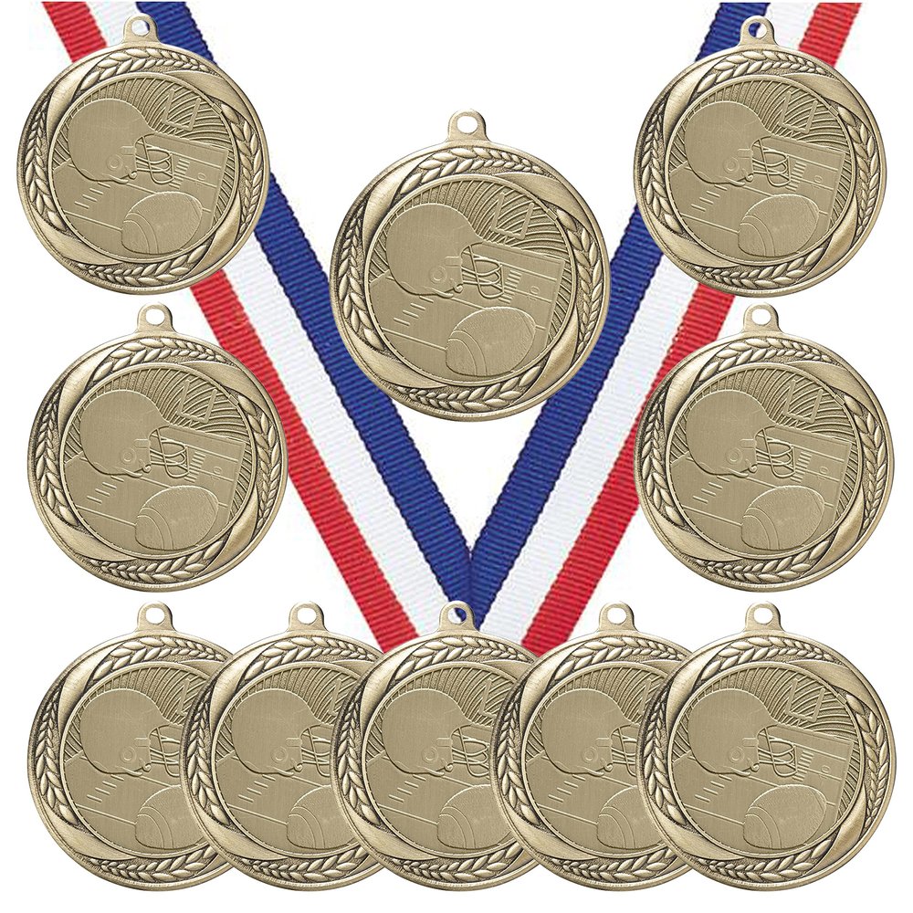 10 Pack of Football Gold Medals Trophy Award with Neck Ribbons MS2